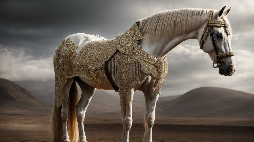 The most expensive white horse standing in a desert with a cloudy sky.