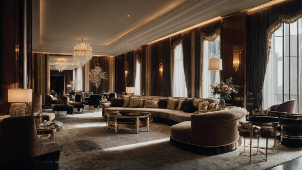 An expensive living room with gold furniture and chandeliers in a hotel.