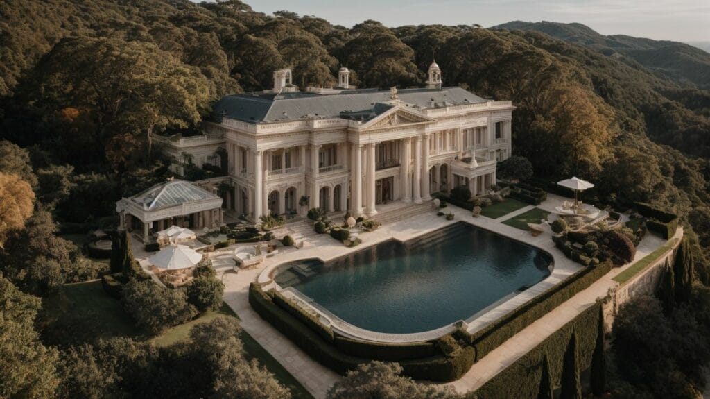 An aerial view of the world's most expensive house, complete with a luxurious pool.