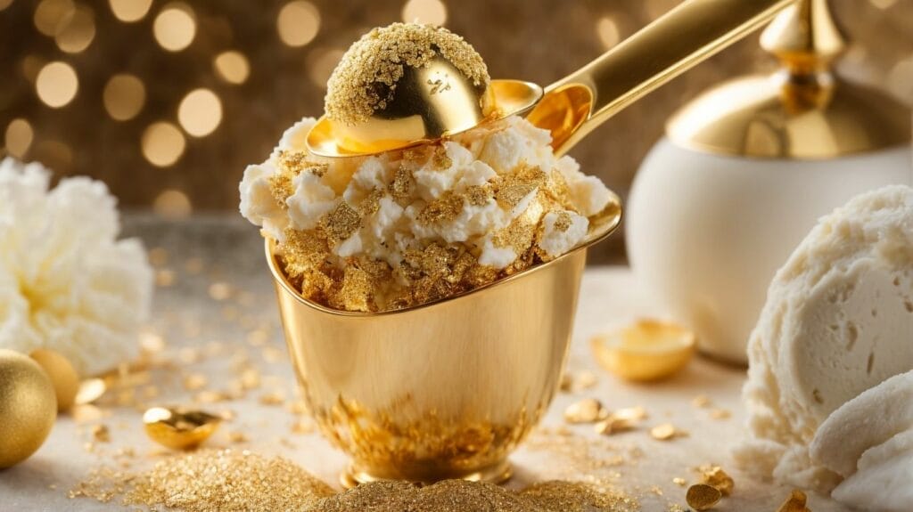 Expensive ice cream served with a golden spoon on a table.