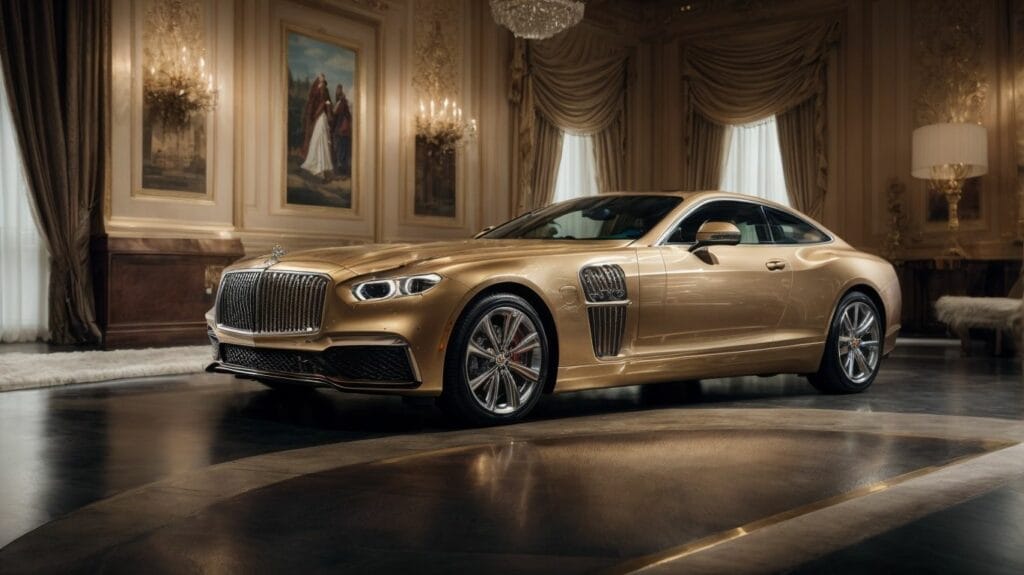 The expensive gold Bentley Continental GT is parked in an ornate room.