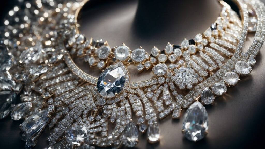 A necklace with diamonds on a black background, making it the most expensive necklace.