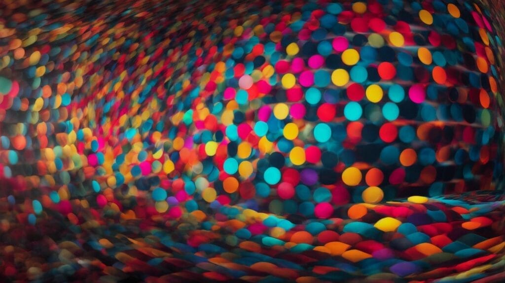 An expensive NFT featuring a blurry image of colorful dots in a dark room.