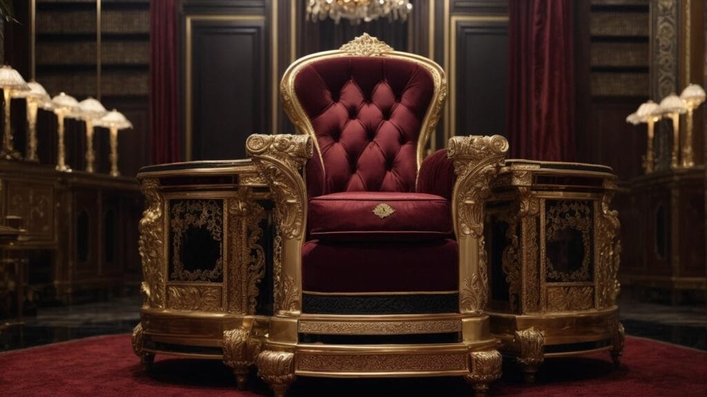 An expensive ornate throne in the middle of a room.