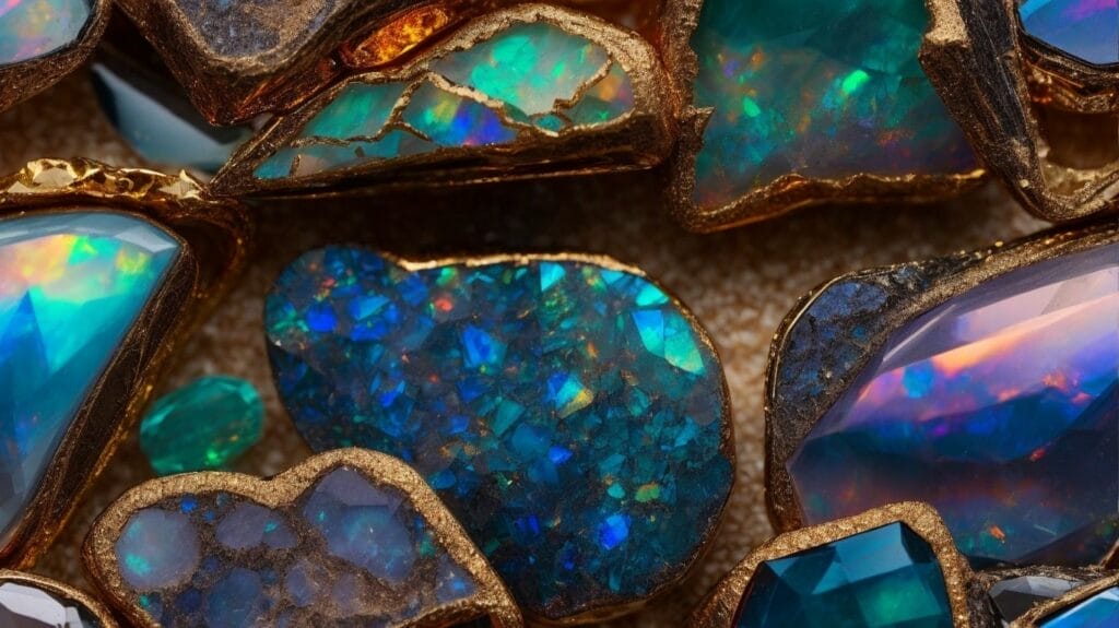 A close up of opals gleaming with vibrant colors.