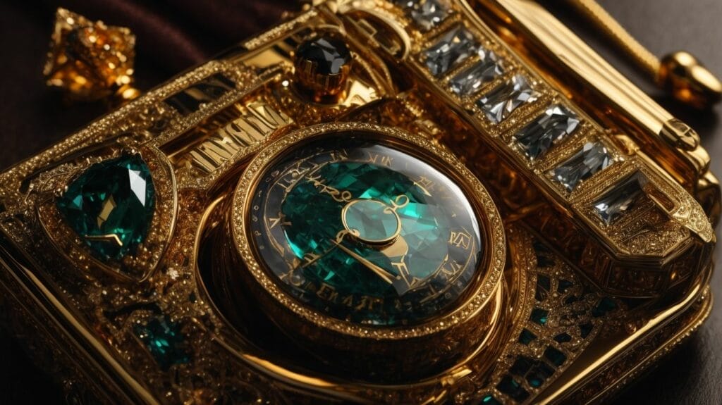 An exquisite gold watch adorned with stunning emeralds and dazzling diamonds.