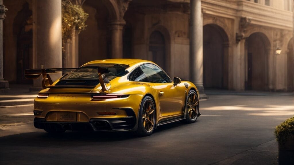 The most expensive yellow Porsche 911 GT3 parked in a courtyard.
