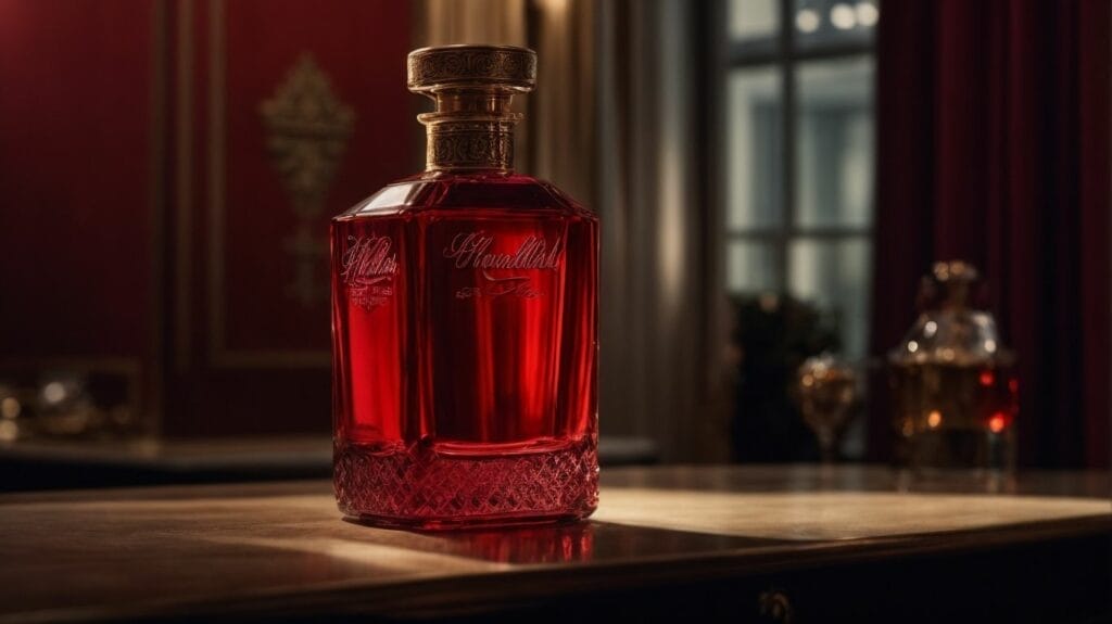 A bottle of red gin, known for being the most expensive, sits on a table.
