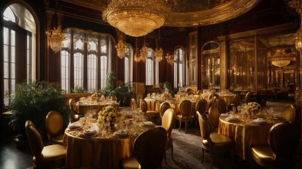 The most expensive restaurant in NYC, adorned with gold tables and chairs.