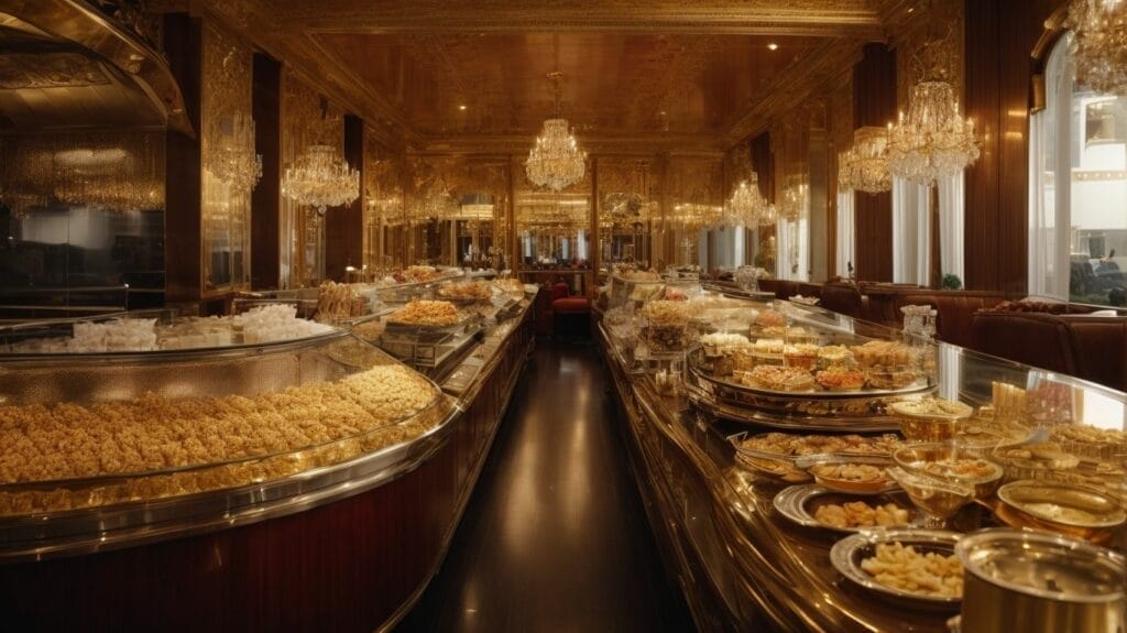 A lavish and opulent gold plated buffet filled with an extravagant array of delicious desserts from around the world.