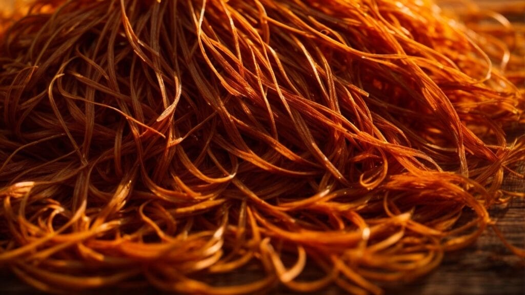 A pile of the most expensive saffron spice on a wooden table.