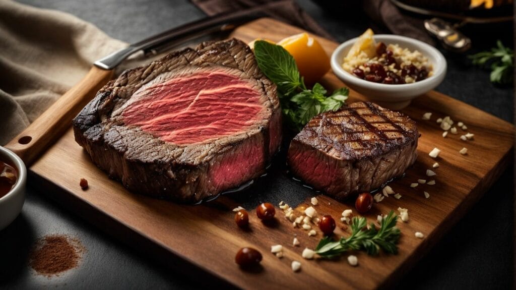 Two expensive steaks on a wooden cutting board.