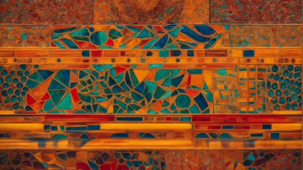 An expensive painting with a vibrant blue, orange, and red background.