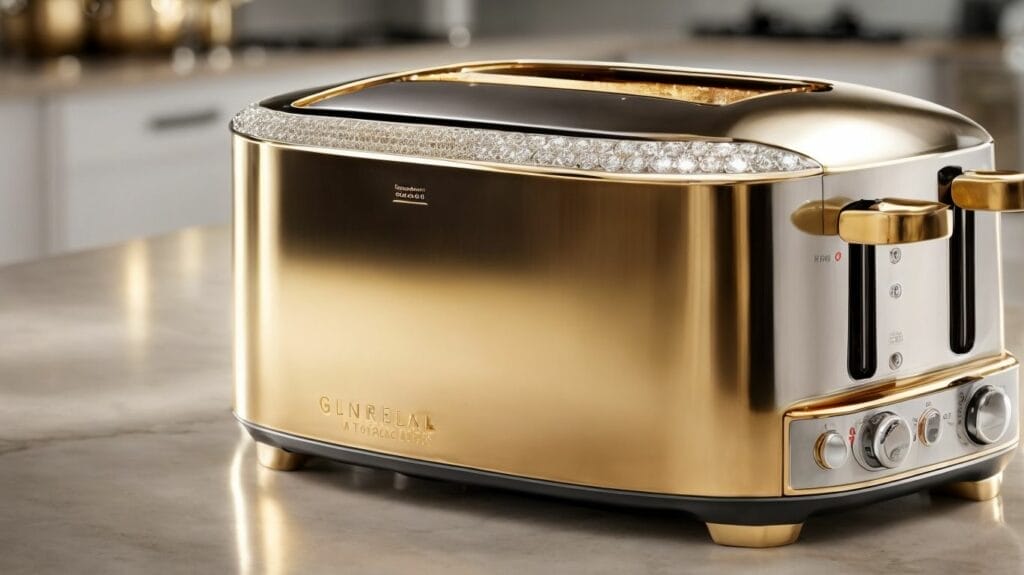 An expensive gold toaster sits on top of a kitchen counter.