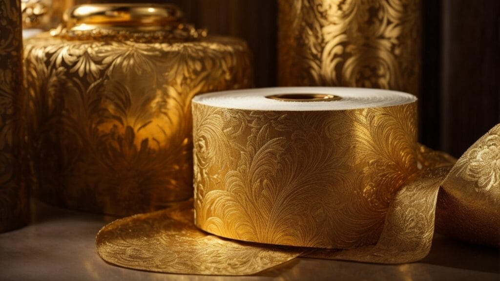 An expensive roll of gold toilet paper on a table.