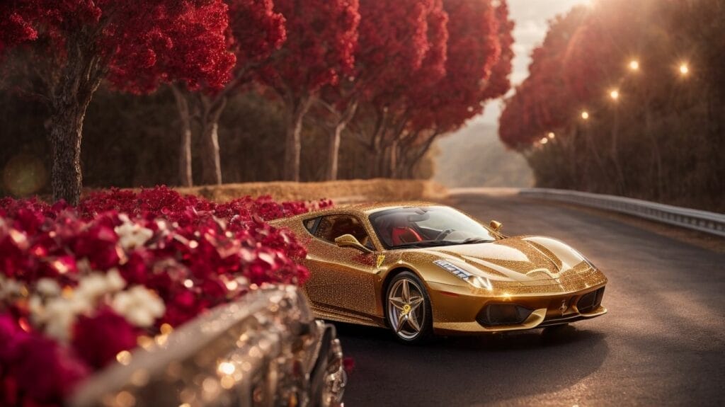 The most expensive gold ferrari sports car driving down a road.