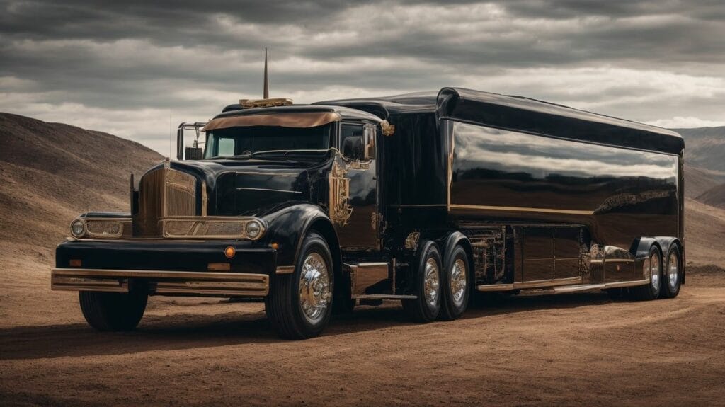 A black semi truck, touted as one of the most expensive vehicles in its class, parked in the desert.