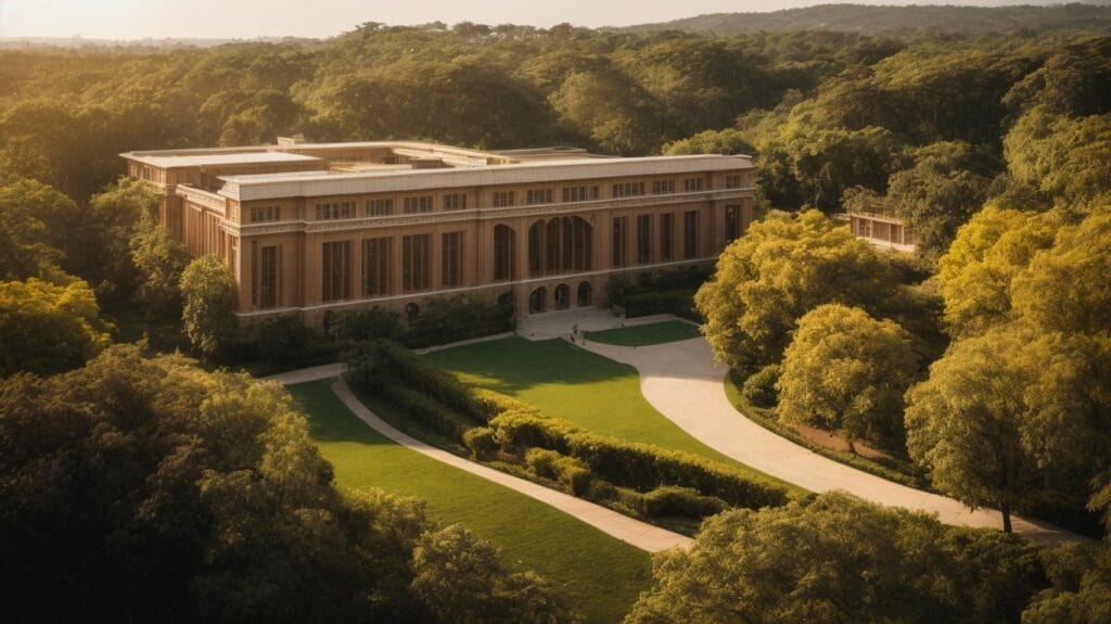 An aerial view of an expensive university building surrounded by trees in the US.