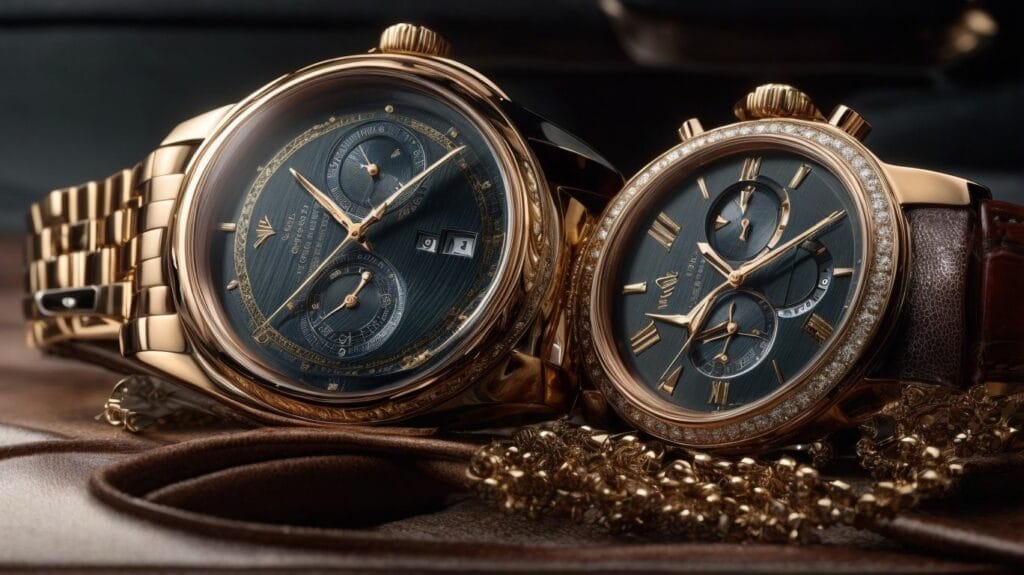 Two expensive watches resting on a leather bag.