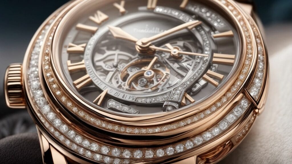 An expensive rose gold watch with diamonds on it.