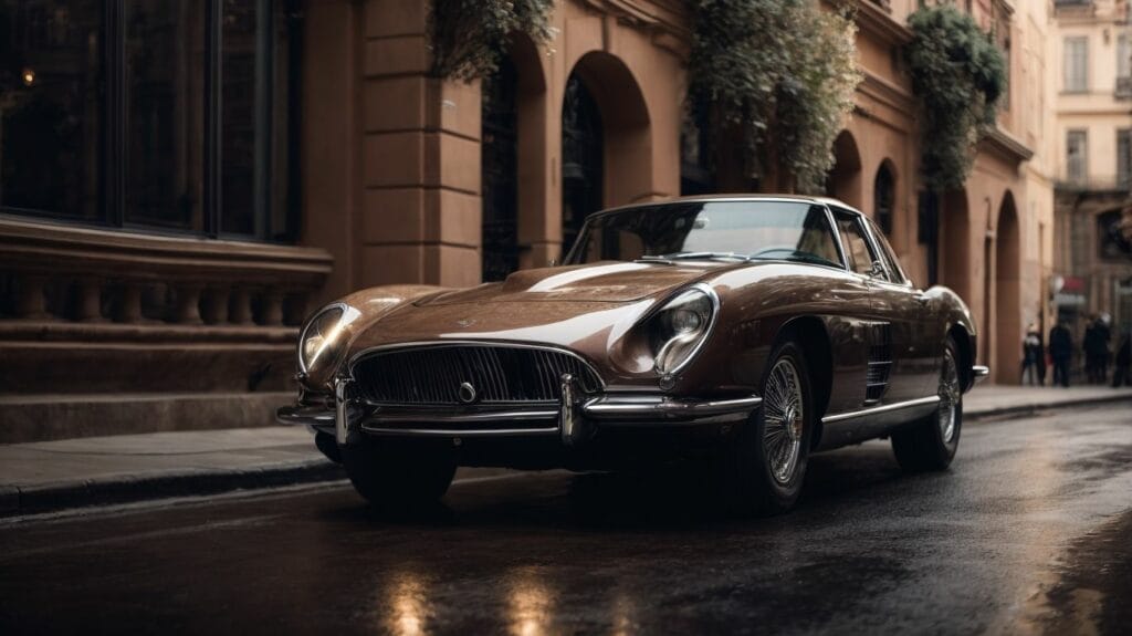 A vintage luxury car is parked on a wet street.