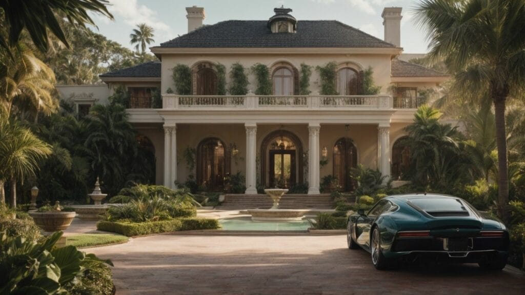 A blue car parked in front of a mansion owned by billionaires.