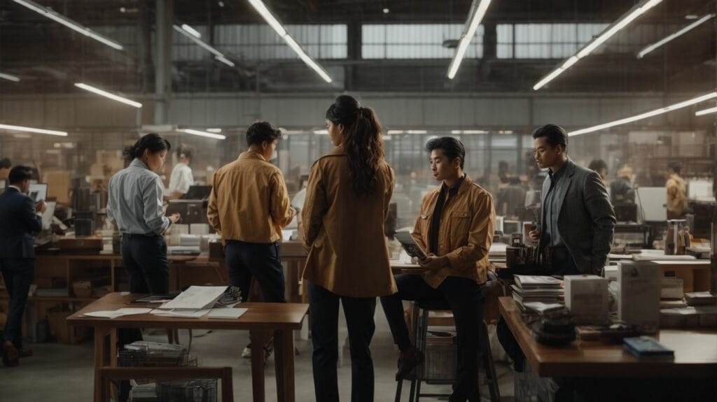 A group of people engaged in work in a factory, showcasing their productivity.