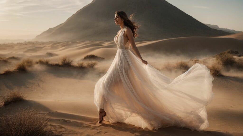 A woman in a white dress walking through the desert, venturing into a world where an expensive thing cannot be bought.