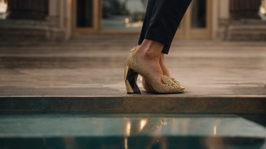 A woman in gold heels standing next to a pool showcasing the world's most expensive shoe.