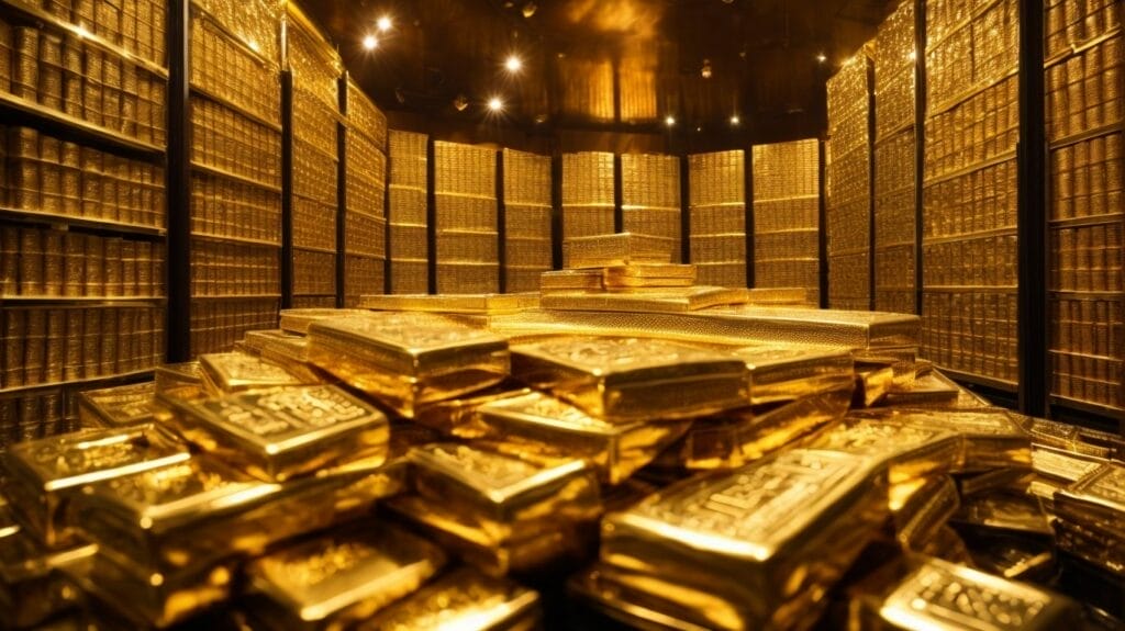 A room filled with a pile of golden bars, a decadent gathering place for millionaires to keep their wealth.
