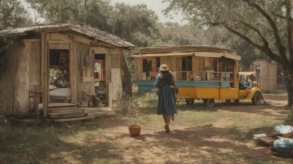 A woman, most likely a female artist, in a blue dress walks past a wooden shack.