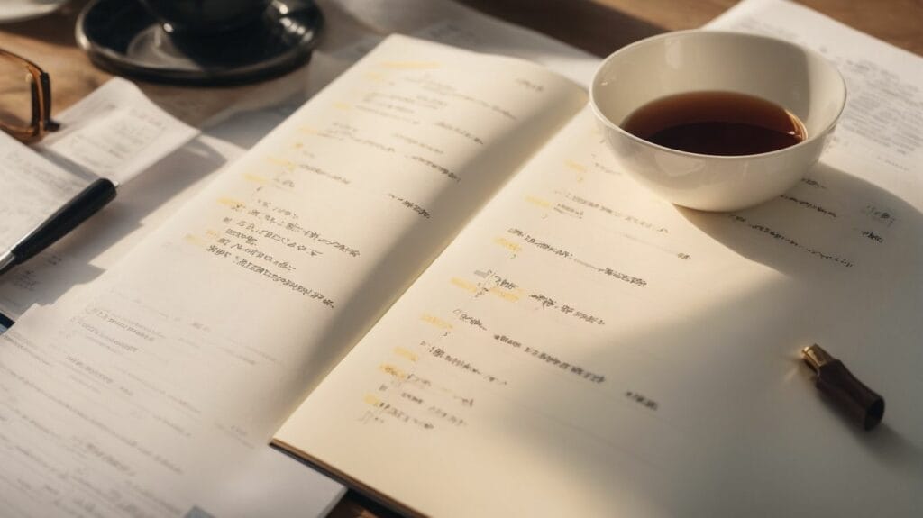 An important notebook with a cup of coffee and a pen on it, enhancing productivity.