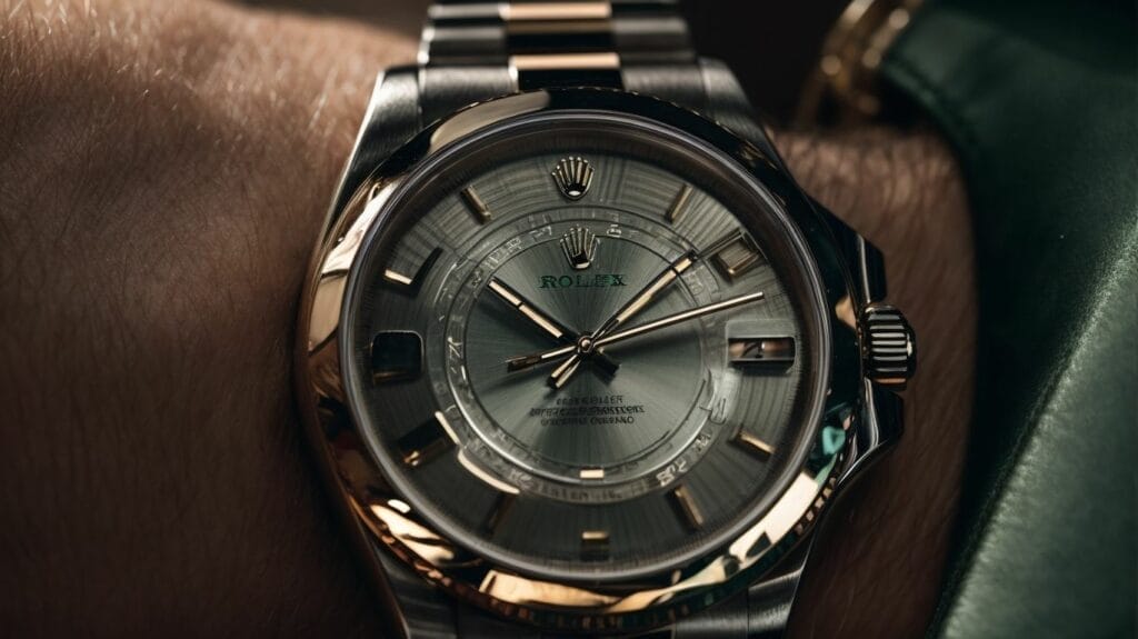 A man's wrist adorned with a Rolex investment watch.