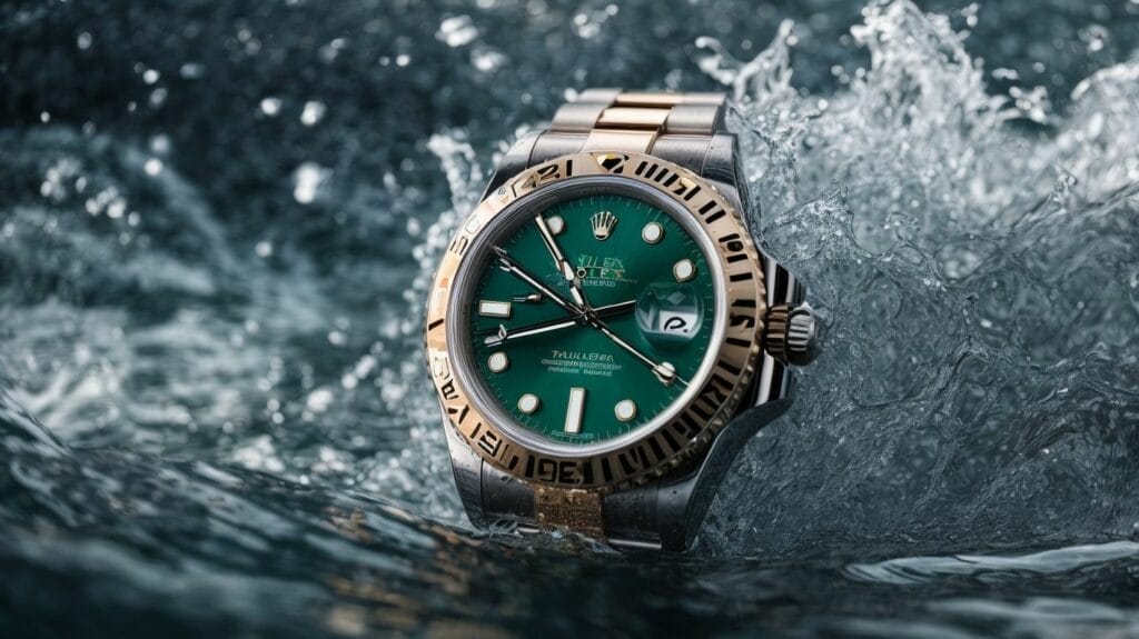 A waterproof Rolex watch with a green dial gracefully submerged in water.