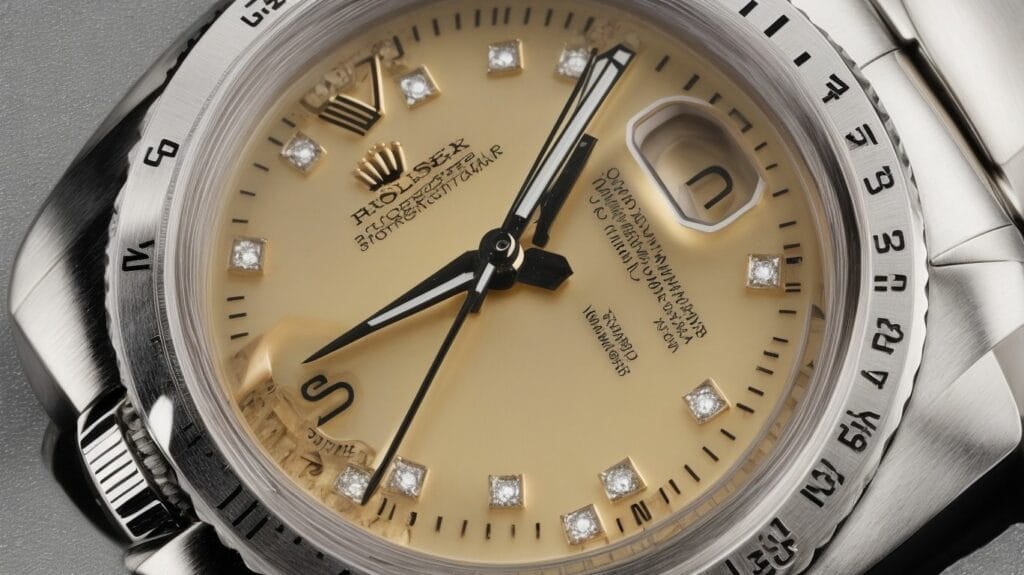 A Rolex watch with yellow dials and diamonds, powered by batteries.