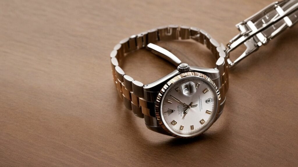 A Rolex watch is resting on a wooden table.
