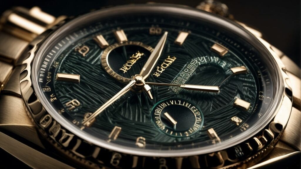 A close up of a gold Rolex watch