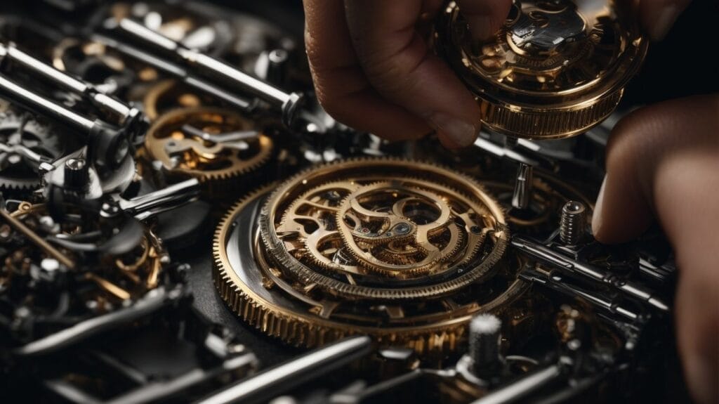 A person is working on a Rolex gold watch.