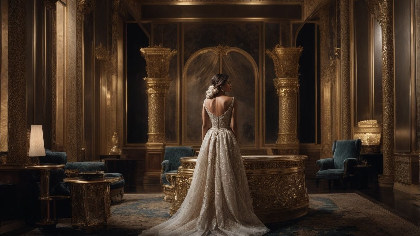 A bride is standing in an ornate room surrounded by the most expensive art.