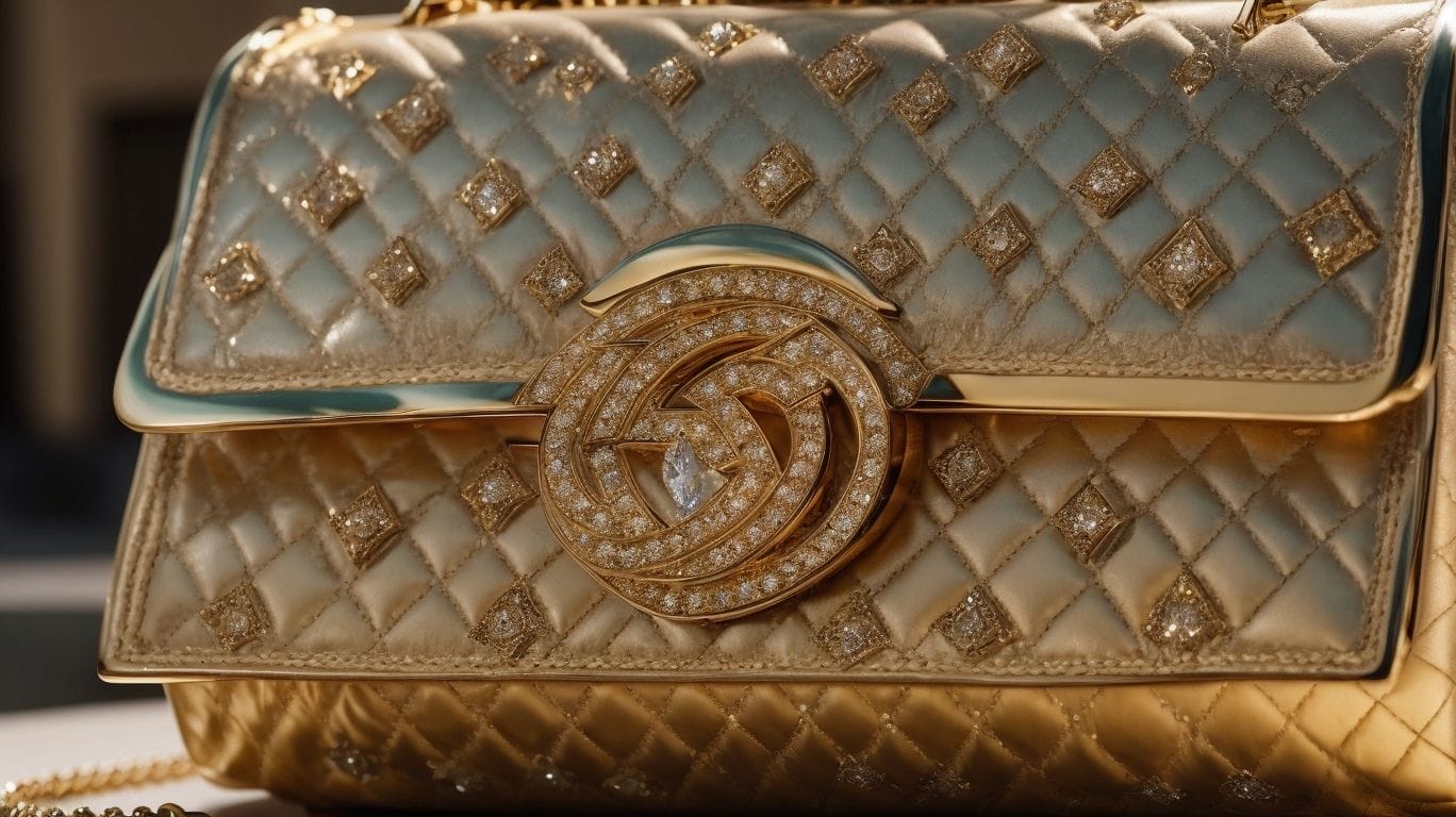 An expensive Gucci item, a gold bag, placed on a table.