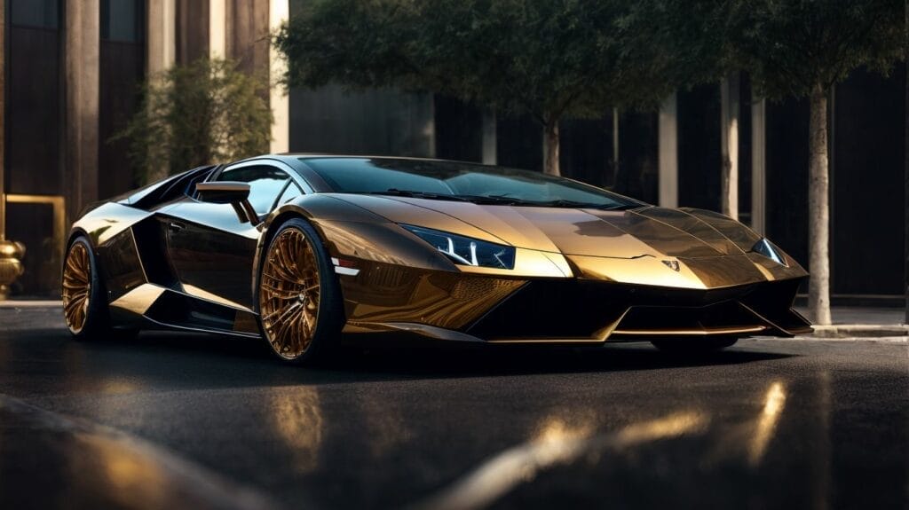 An expensive Lamborghini sports car is parked in front of a building.