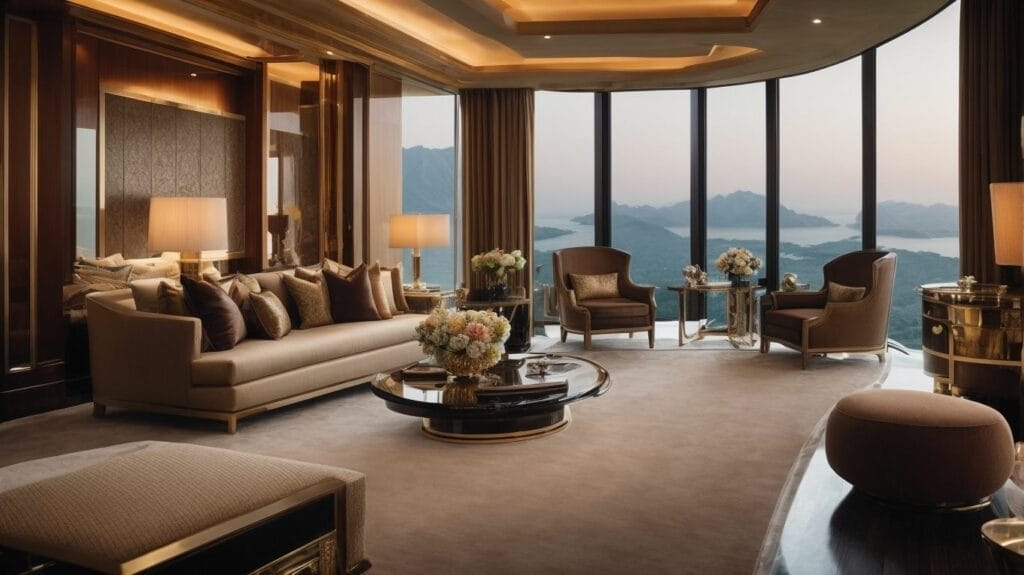 A large living room with a view of the mountains in an expensive resort.