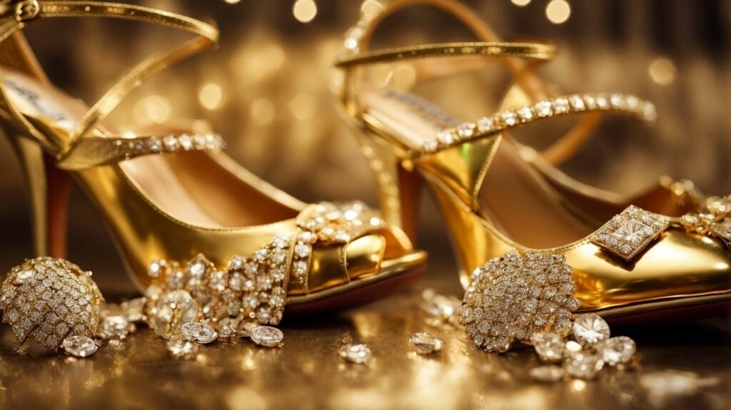 Most expensive golden shoes on a table adorned with jewels.
