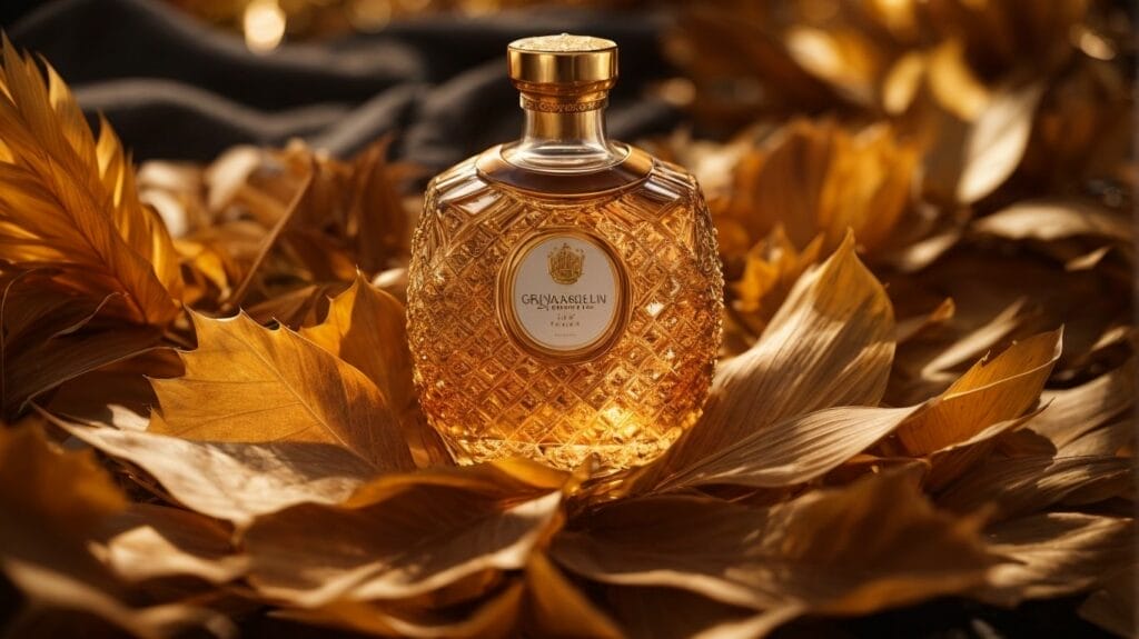 A bottle of the most expensive eau de cologne surrounded by leaves.