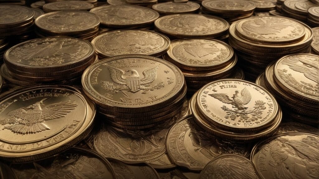 A pile of US gold coins on a dark background.