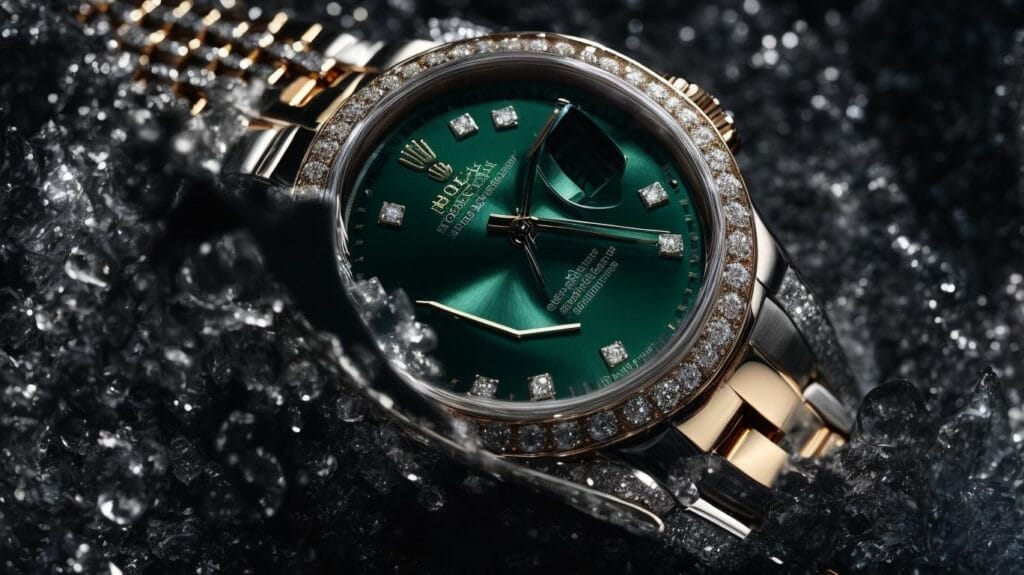 A Rare Rolex watch with emerald dial and diamonds.