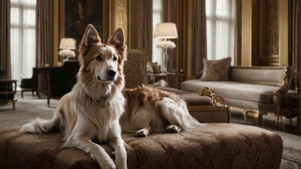 The most expensive dog sitting on a couch in an ornate room.